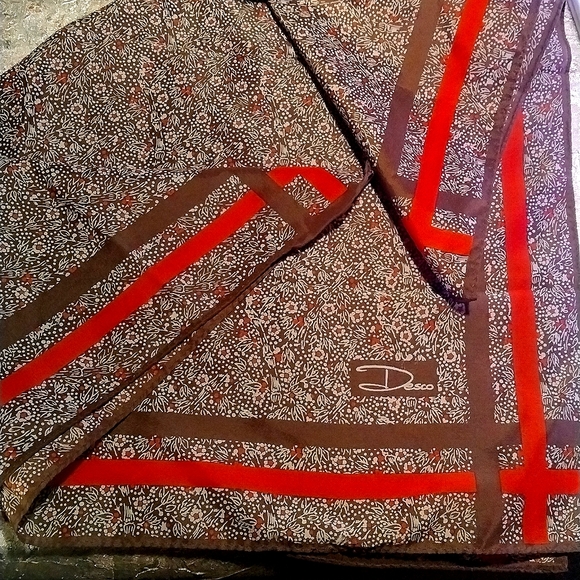 Vintage Desco Scarf Square Brown Cream 100% Silk Floral Striped 27" - Picture 1 of 4